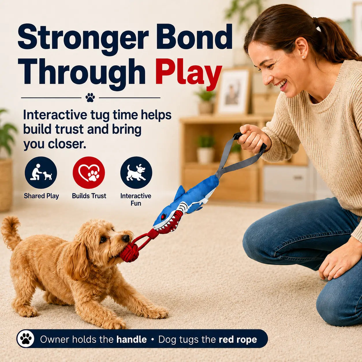 Kawiwi Interactive Dog Tug Toy, (Interactive Only • Not a Chew Toy • No Unattended Play)Tug of War Tough Squeaky Dog Rope Toys Teeth Cleaning, Conserve Dog'S Energy and Strengthen Bond with Master for Outdoor & Indoor Playtime for Small & Medium Dogs