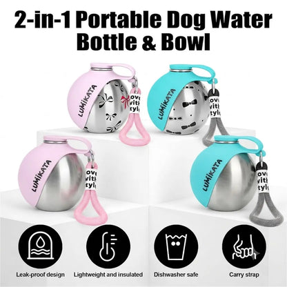 Lumikata 2-in-1 Portable Dog Water Bottle & Bowl - Leak-Proof Stainless Steel for Small Dogs, Perfect for Walks and Travel!
