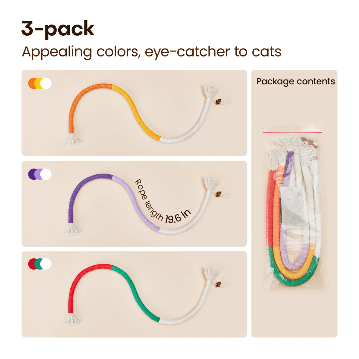 Potaroma 3-Pack Organic Cotton Snake Chew Ropes - Interactive Dental Care Toys for Kittens, Fresh Breath & Tartar Control, Perfect for Indoor Play