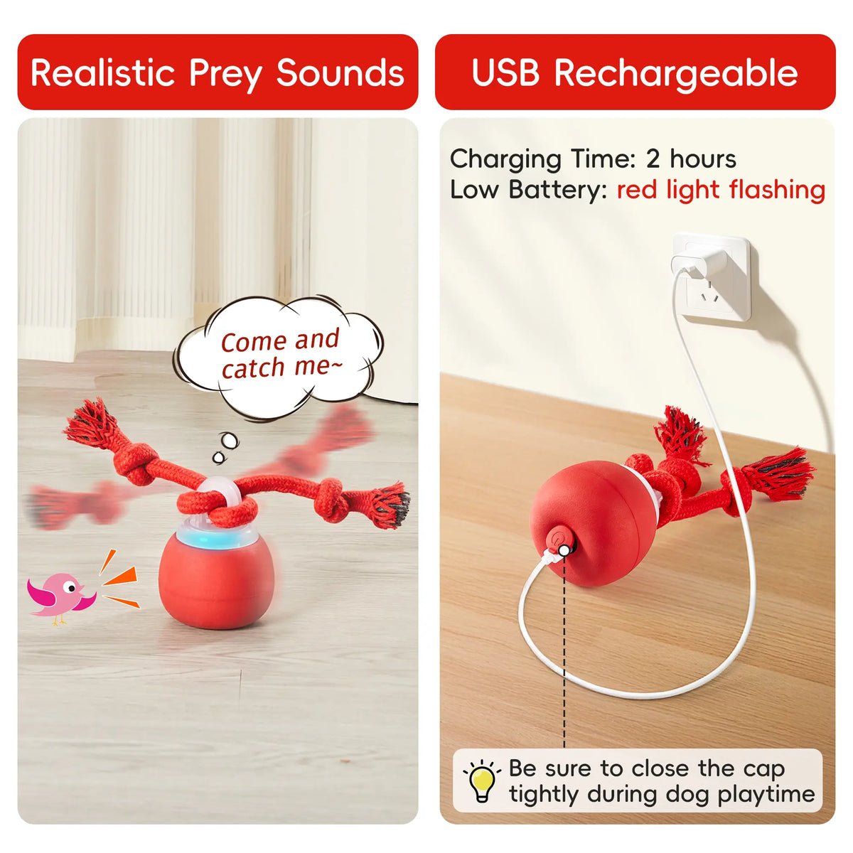Potaroma Interactive Dog Ball Toy - Rechargeable Automatic Rolling Squeaky Ball for Indoor Fun & Training - Perfect for Small to Medium Breeds (Dark Red)