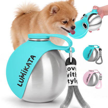 Lumikata 2-in-1 Portable Dog Water Bottle & Bowl - Leak-Proof Stainless Steel for Small Dogs, Perfect for Walks and Travel!