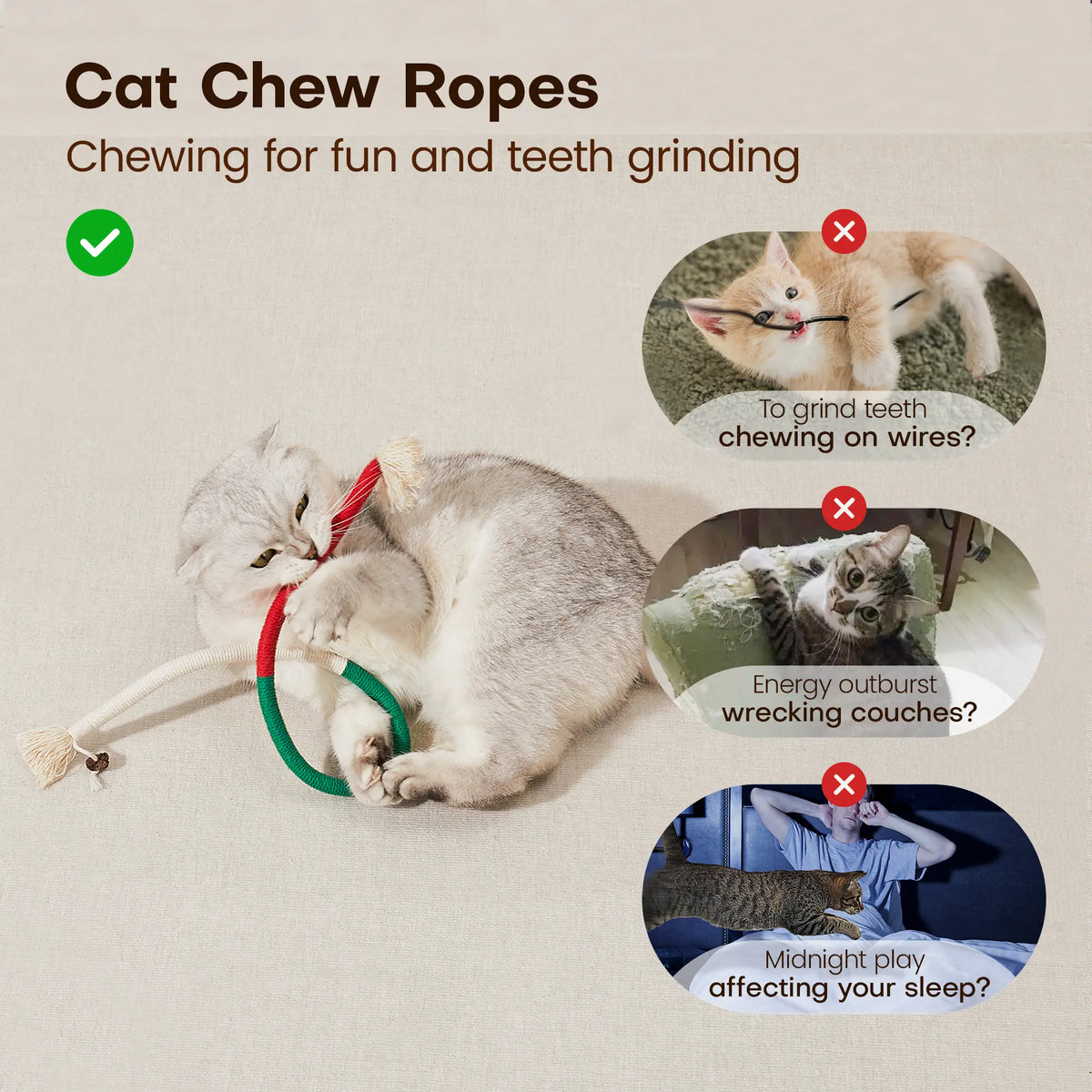 Potaroma 3-Pack Organic Cotton Snake Chew Ropes - Interactive Dental Care Toys for Kittens, Fresh Breath & Tartar Control, Perfect for Indoor Play