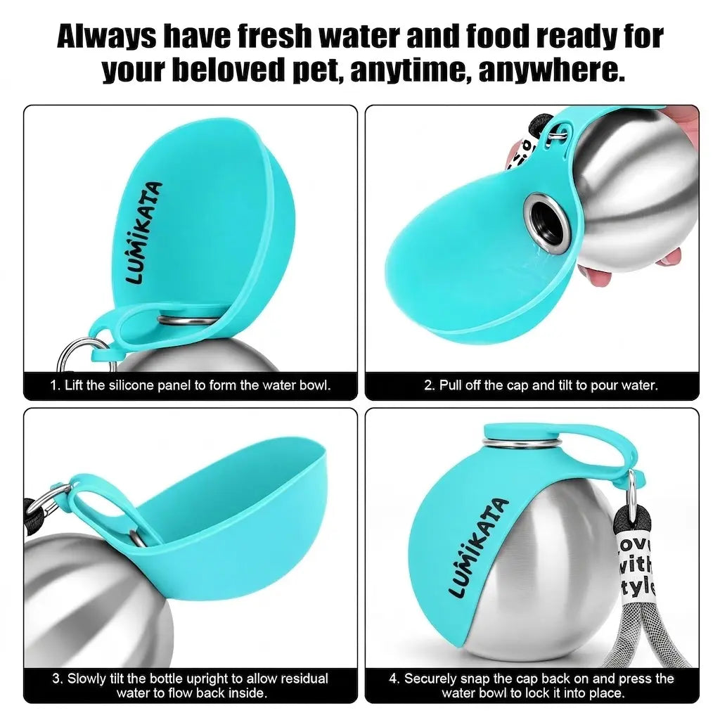 Lumikata 2-in-1 Portable Dog Water Bottle & Bowl - Leak-Proof Stainless Steel for Small Dogs, Perfect for Walks and Travel!
